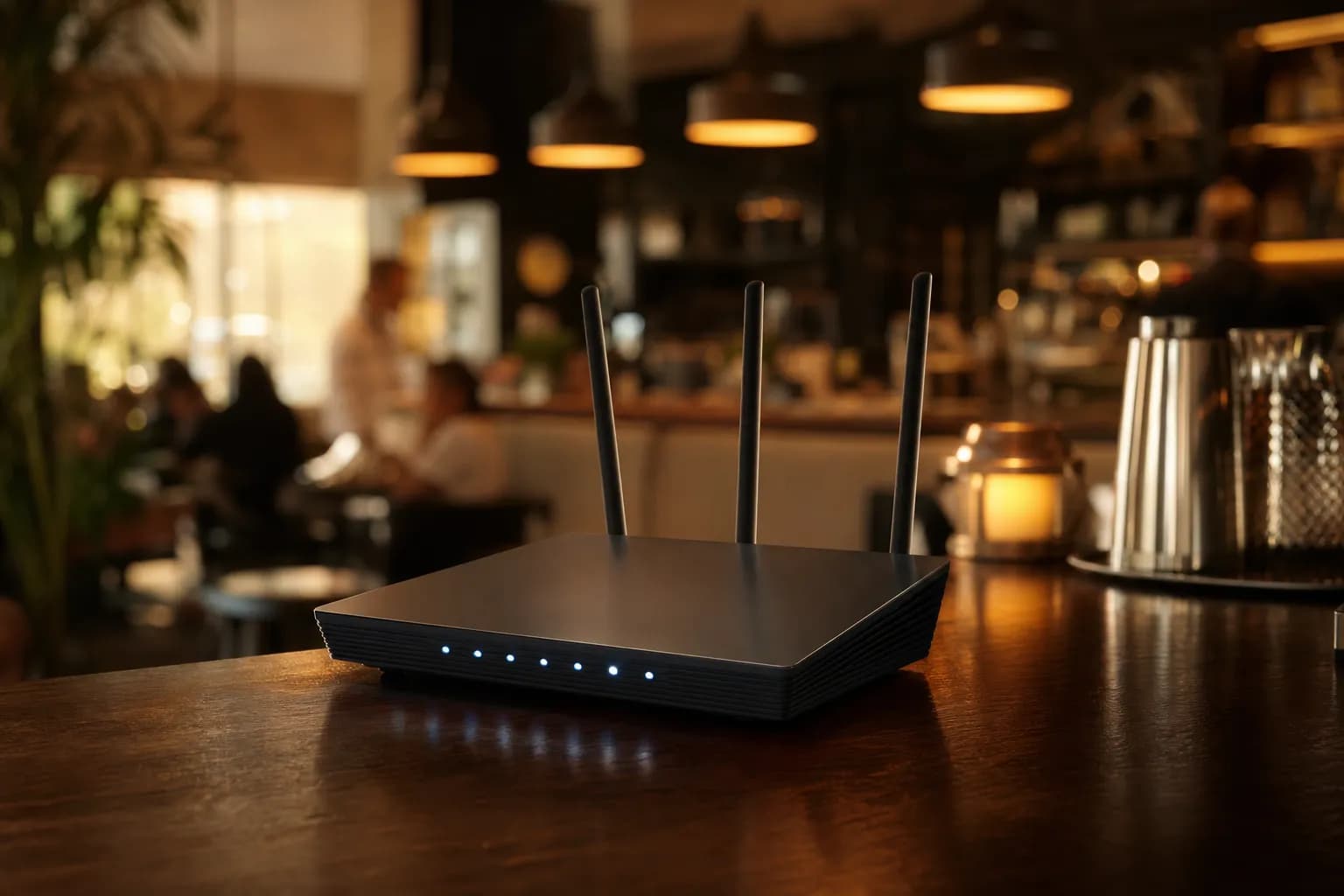 WiFi router on a restaurant counter — airZoon runs on your existing EU fibre