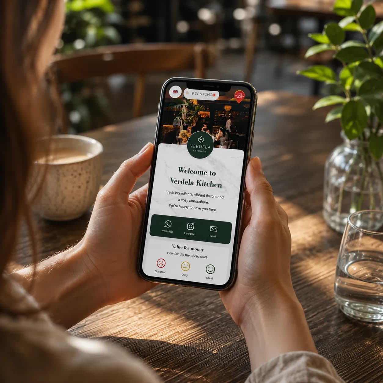Branded splash page shown on a phone in a café