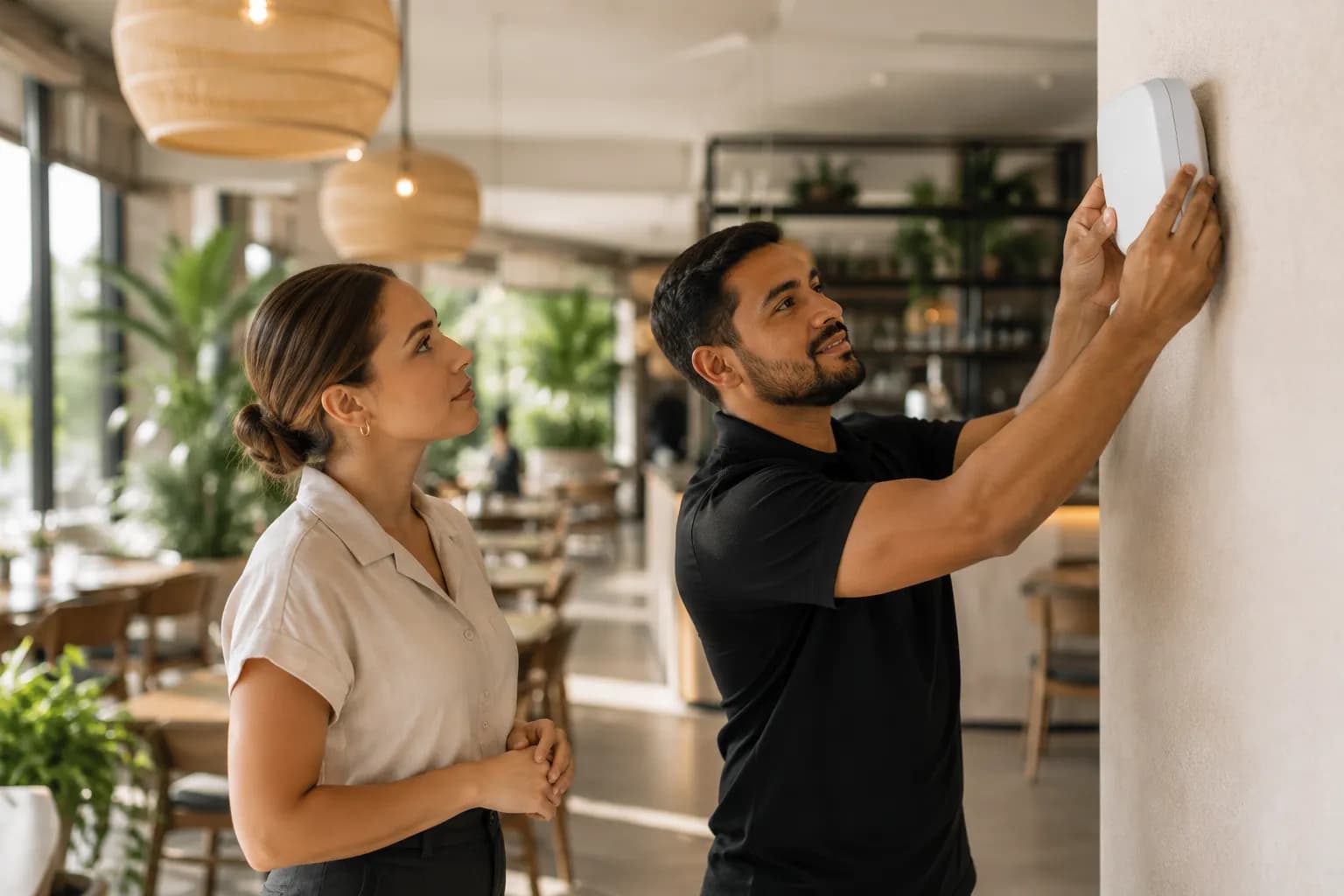AirZoon technician installing WiFi access point at a business location
